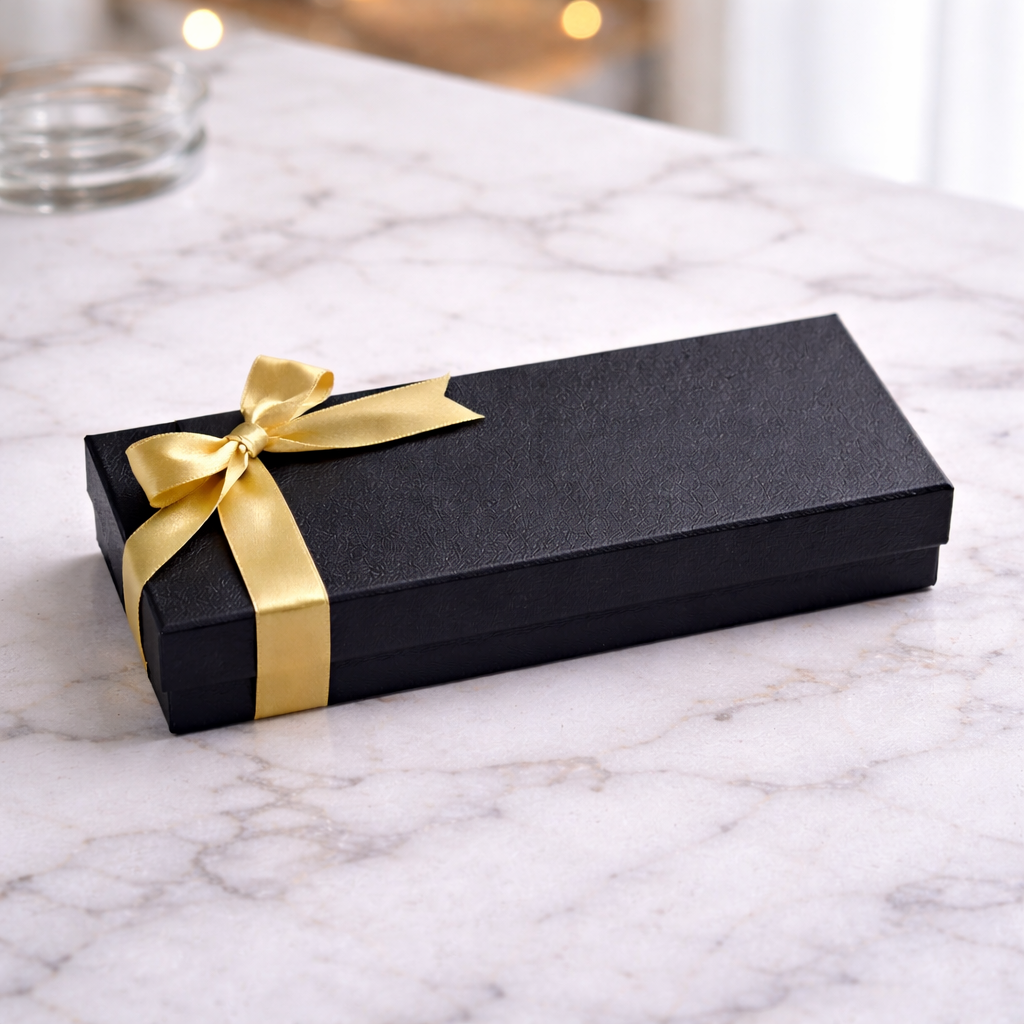 Elegant black gift box with gold ribbon on marble table, luxury packaging