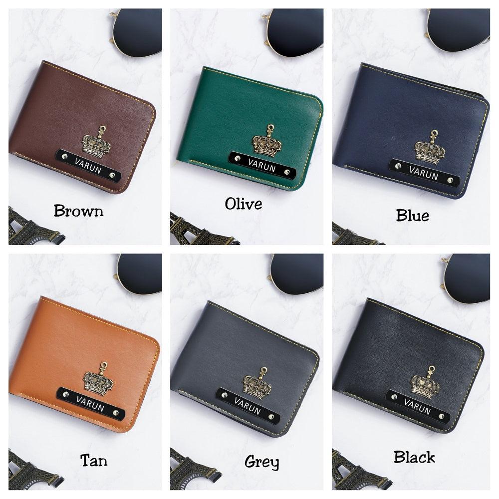 Personalized faux leather men's wallets in brown, olive, blue, tan, grey, and black colors.