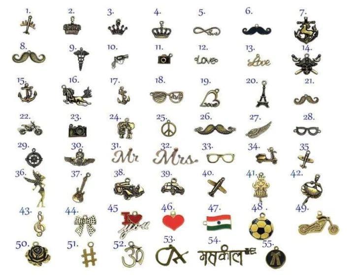 Chart displaying 55 small metal charms with various designs such as crowns, mustaches, anchors, sunglasses, and musical notes, each numbered for identification.