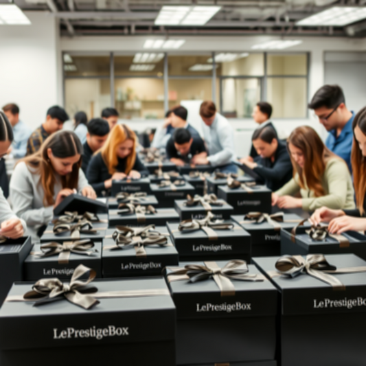 People assembling luxury gift boxes with ribbons in a modern office setting
