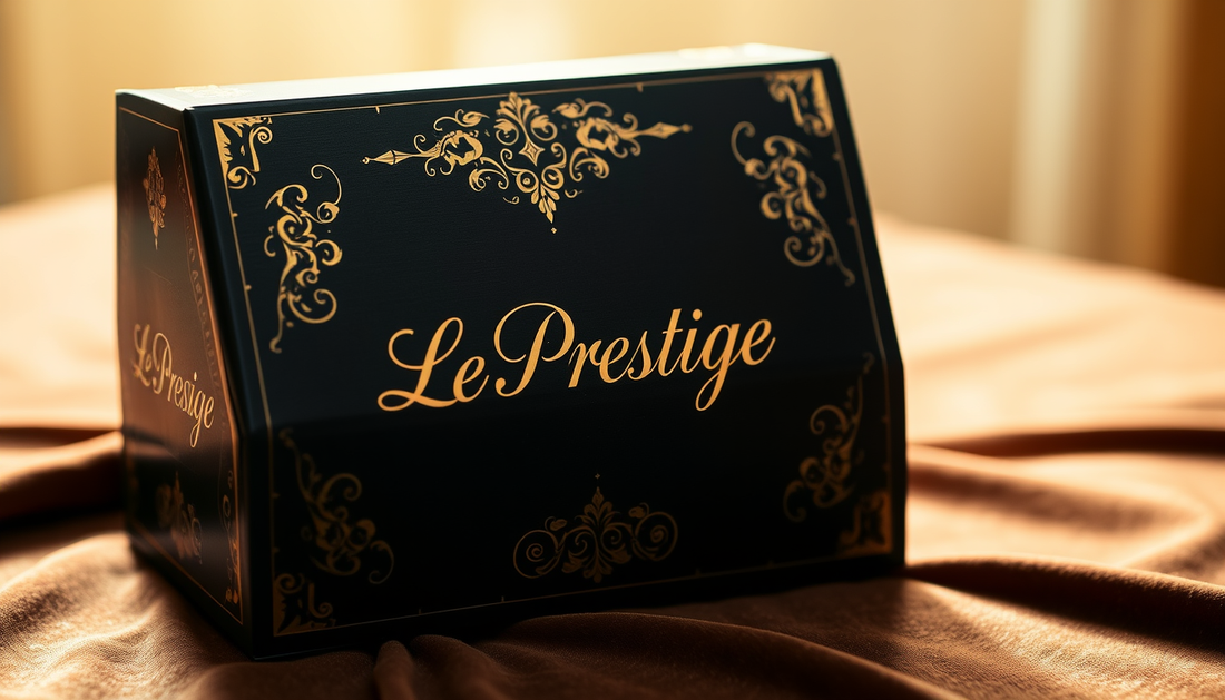 Elegant black and gold luxury gift box with ornate design and Le Prestige text on satin fabric
