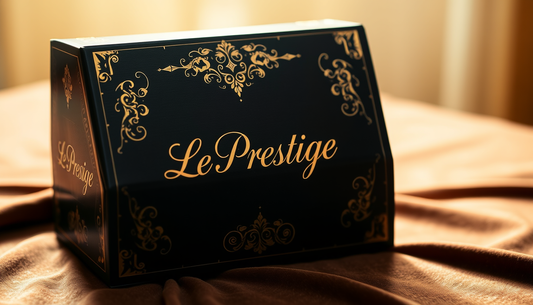 Elegant black and gold luxury gift box with ornate design and Le Prestige text on satin fabric