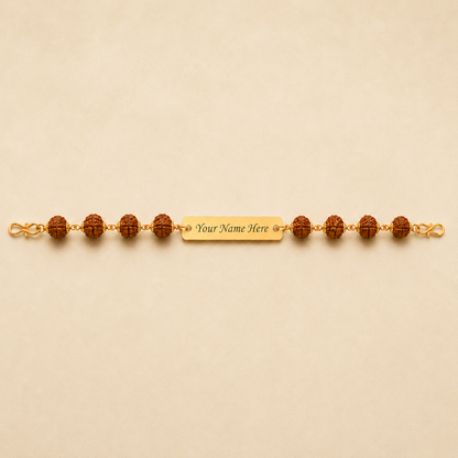 Customizable rudraksha rakhi – gold plate engraved with your brother's name