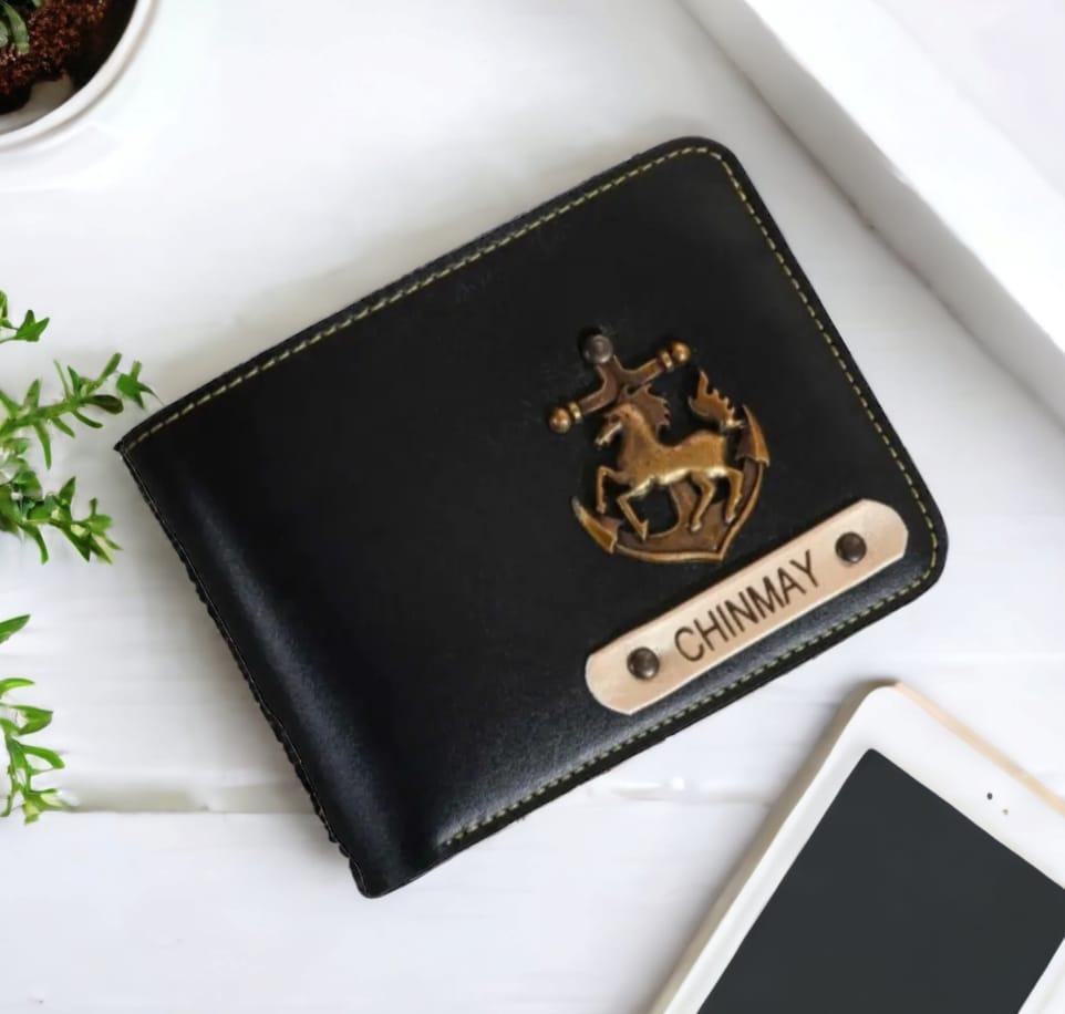 Men’s black faux leather wallet with gold anchor and horse emblem, personalized nameplate.