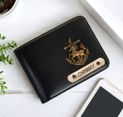 Men’s black faux leather wallet with gold anchor and horse emblem, personalized nameplate.