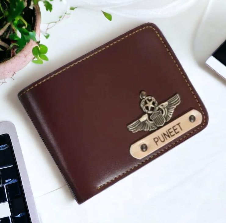 Customized brown faux leather wallet for men with metal name charm and stitched edges