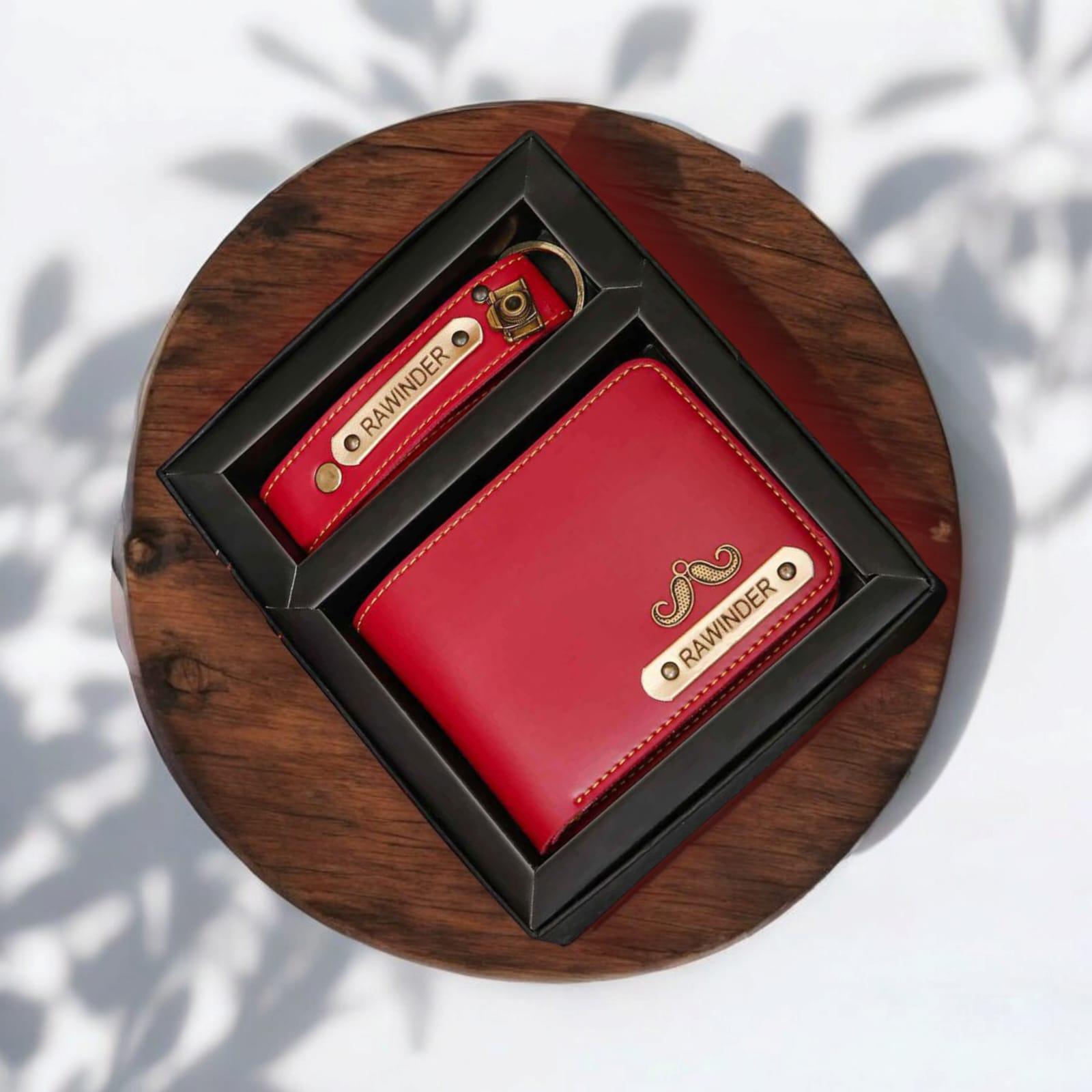 Personalized red men's wallet and keychain combo with engraved name in gift box