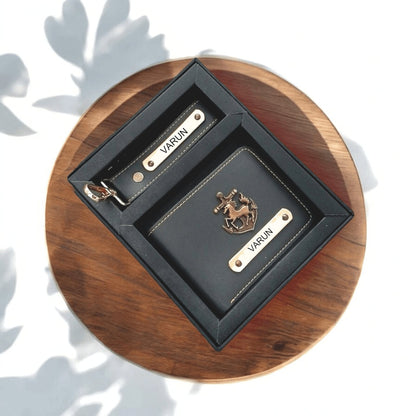 Personalized men's black wallet and keychain gift set with metal nameplates in a box