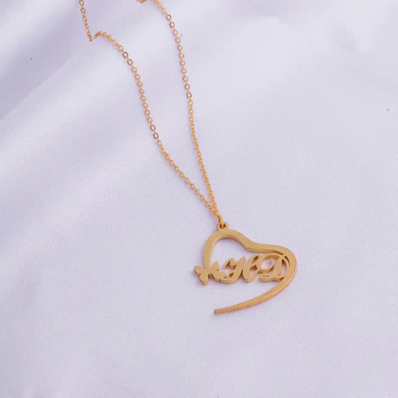 Double Initial Heart Necklace With Butterfly - Le Prestige Box