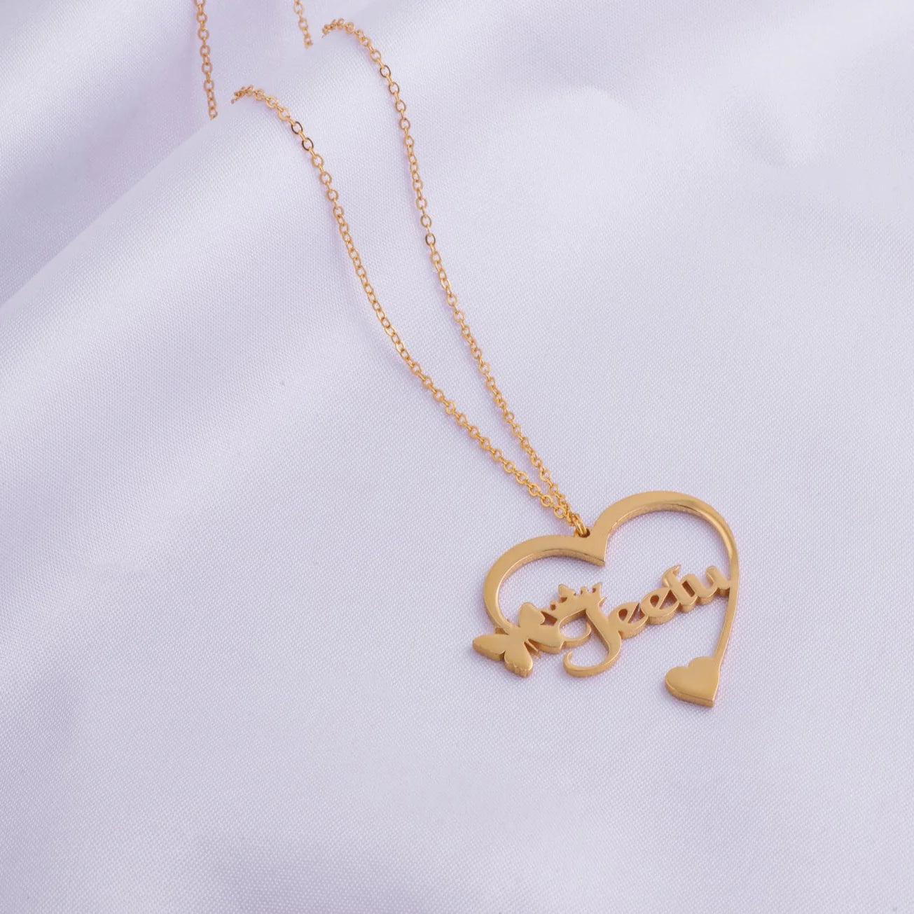 Double Name Necklace With Heart Butterfly And Crown - Le Prestige Box