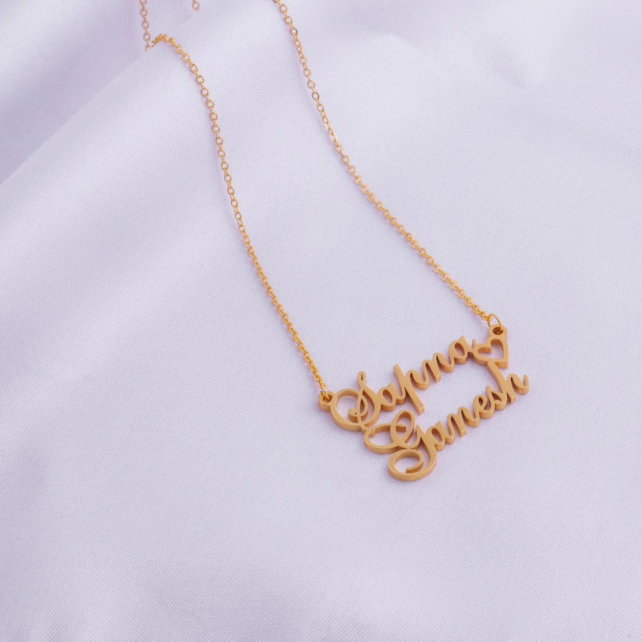 Dual Name Necklace With Cursive Elements - Le Prestige Box