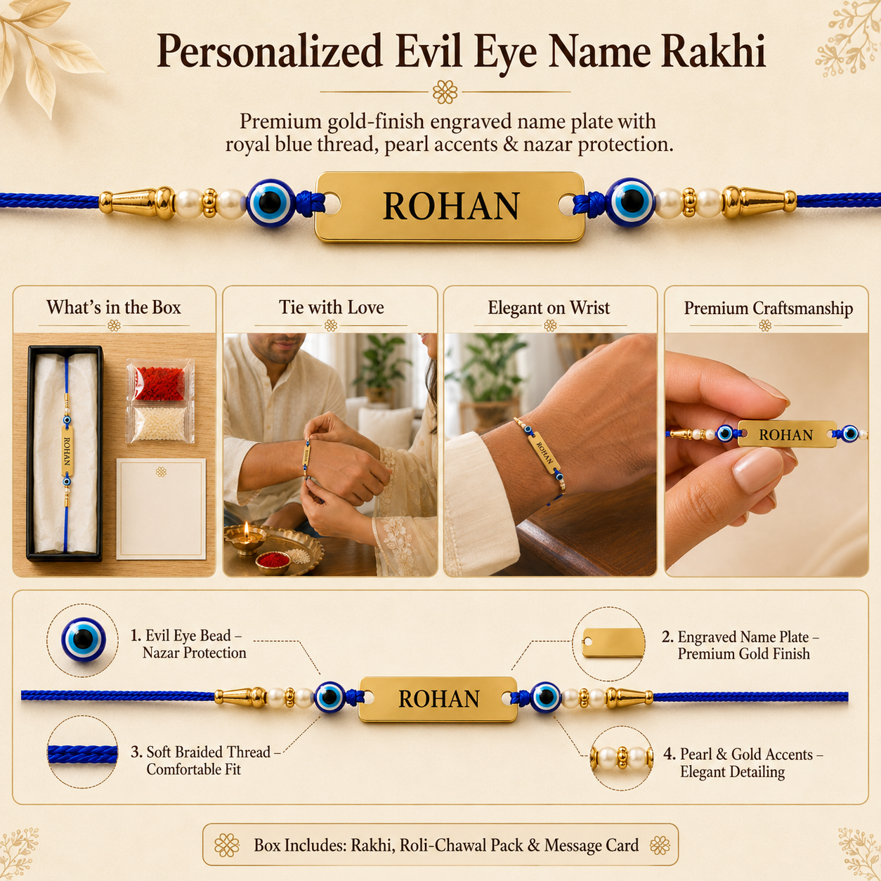 Personalized evil eye name rakhi features – nazar protection bead, engraved gold name plate, pearl and gold accents, soft braided thread