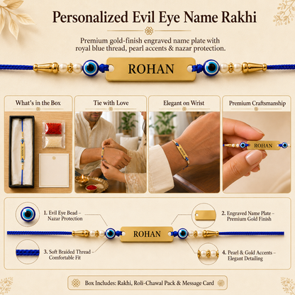 Personalized evil eye name rakhi features – nazar protection bead, engraved gold name plate, pearl and gold accents, soft braided thread