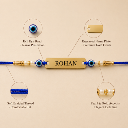Evil eye name rakhi with gold name plate and pearl accents
