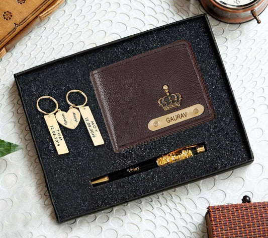 Personalised Men's Wallet, Pen & Couple Matching Keychain Combo - Le Prestige Box