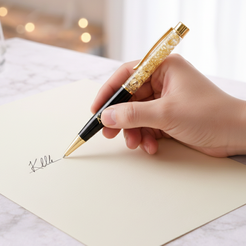 Hand holding luxury black and gold glitter pen signing cream paper on marble desk
