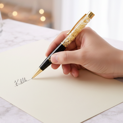 Hand holding luxury black and gold glitter pen signing cream paper on marble desk