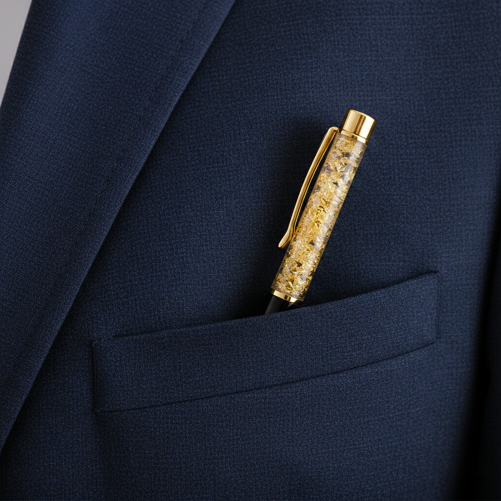 Luxury gold-trimmed pen with textured barrel in navy suit pocket