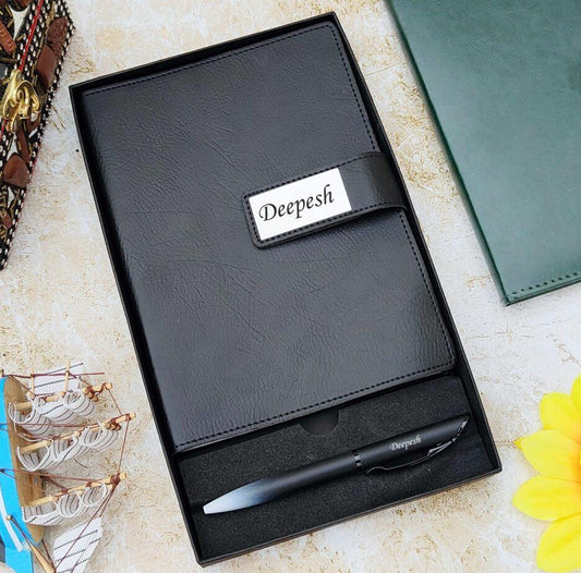 Personalized elegant black leather diary and pen gift set in a presentation box