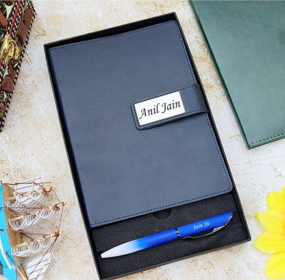 Personalized leather diary and pen gift set in box, ideal for executive or office use
