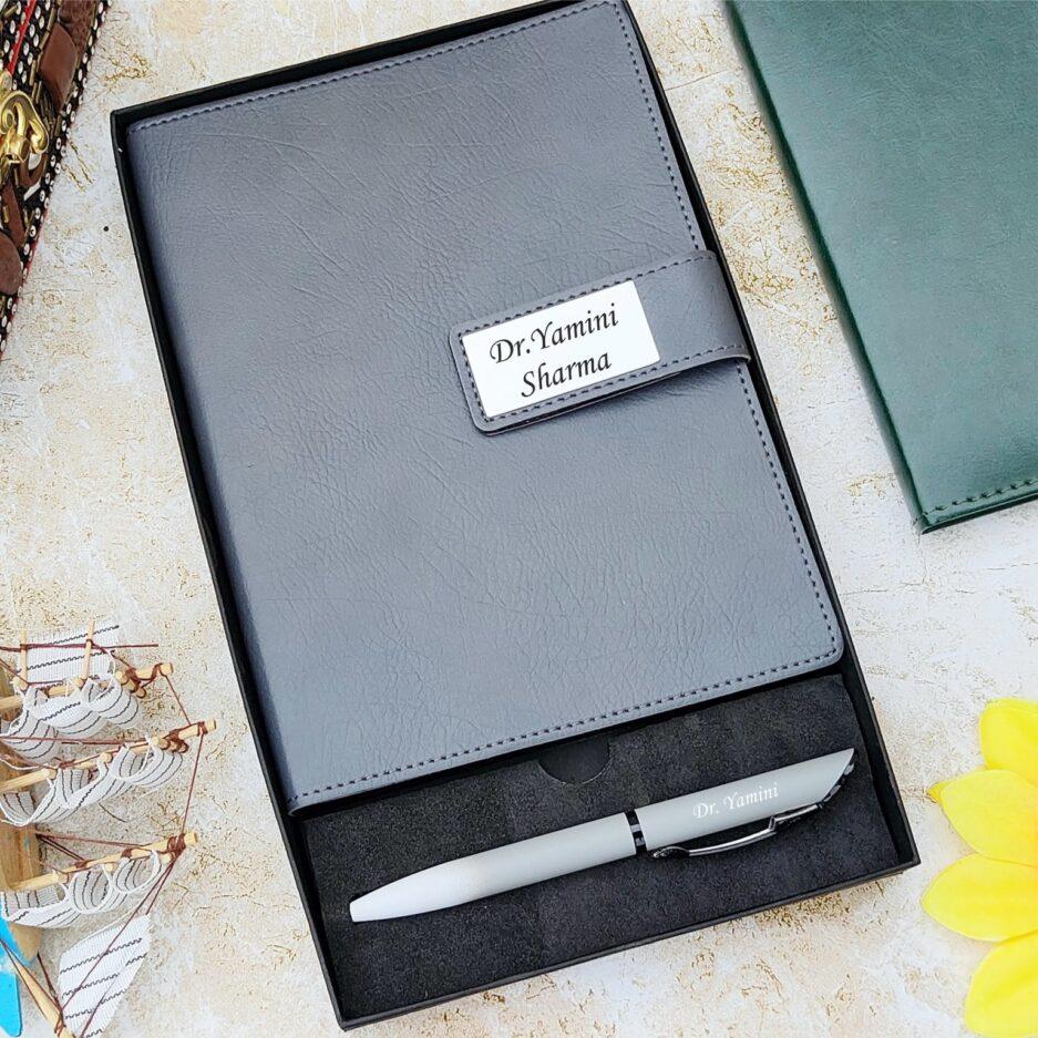 Personalized leather diary and pen gift set in box, custom name engraved, elegant design