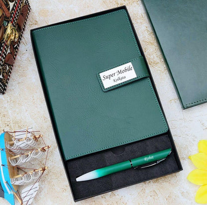 Personalized green leather diary and pen gift set in presentation box
