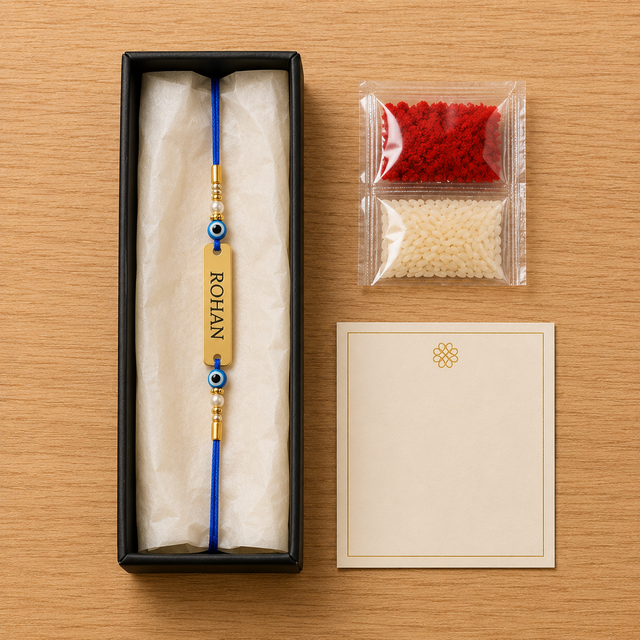 Personalized rakhi gift box with roli chawal pack and message card