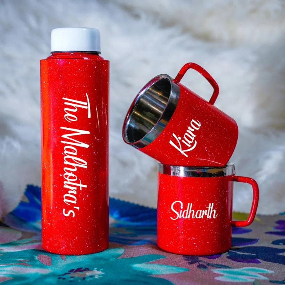 Personalized Sparkling Red Bottle & Mugs Gift Set With Names - Le Prestige Box