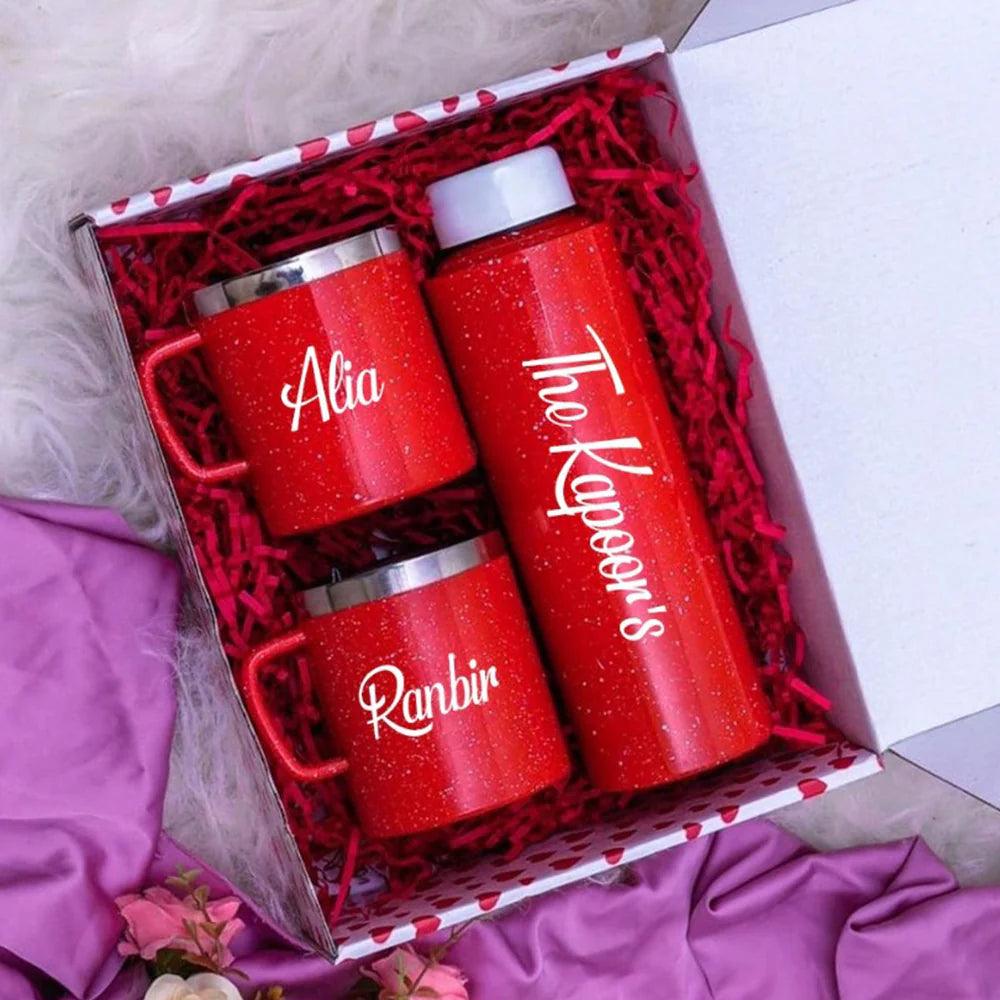 Personalized Sparkling Red Bottle & Mugs Gift Set With Names - Le Prestige Box