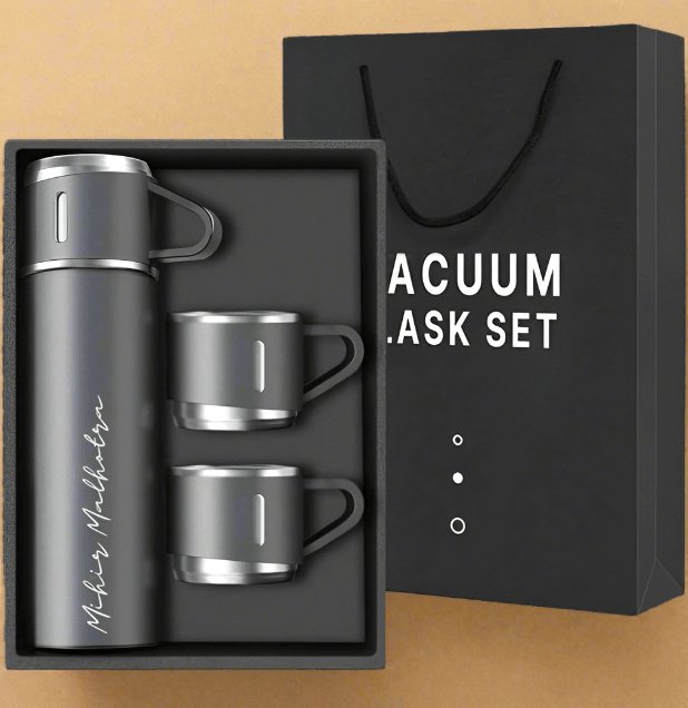 Personalized Vacuum Insulated Flask Gift Set With 2 Cups - Le Prestige Box