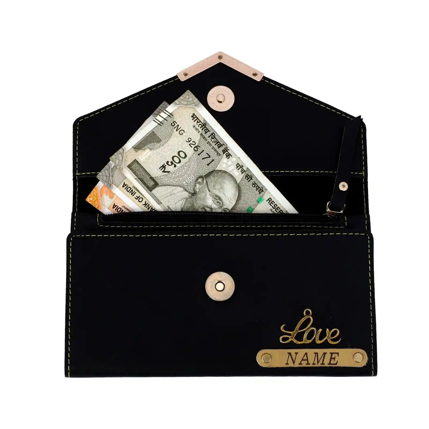 PERSONALIZED WOMEN CLUTCH WITH NAME AND CHARM | BLACK COLOUR - Le Prestige Box