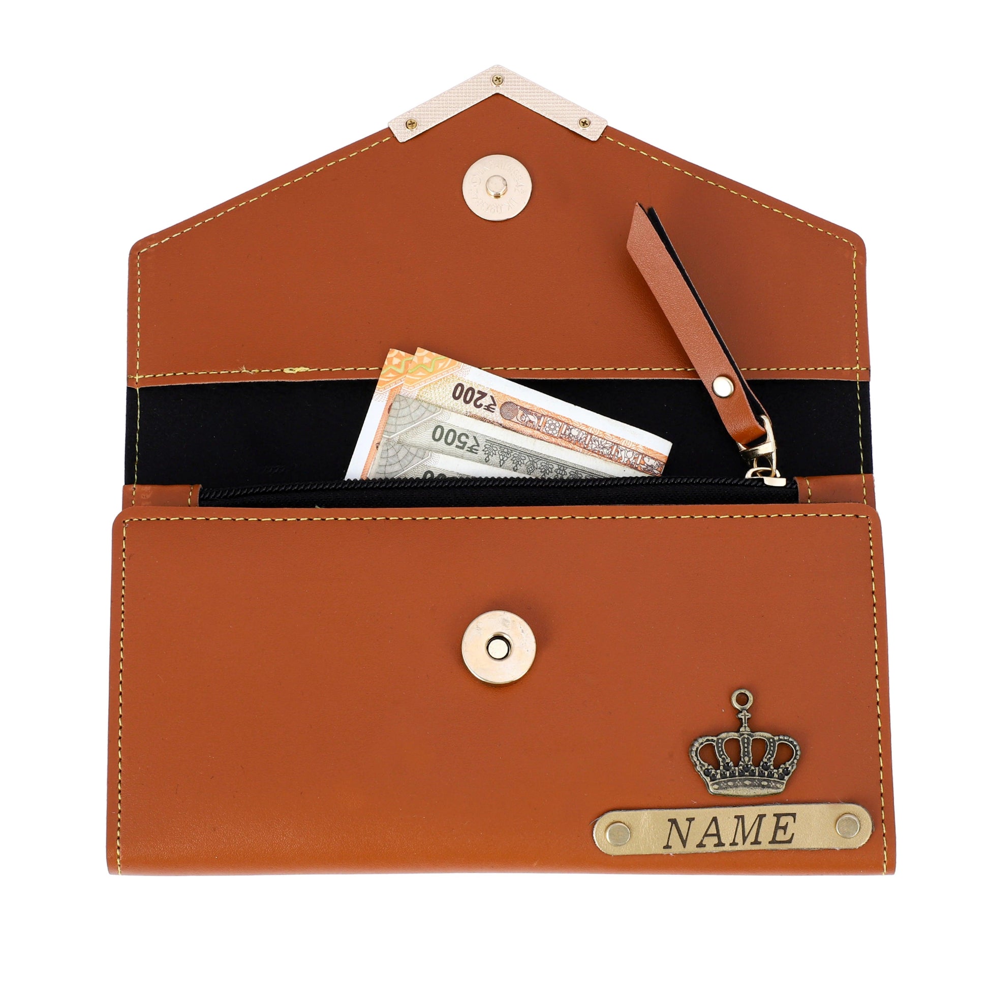 PERSONALIZED WOMEN CLUTCH WITH NAME AND CHARM | TAN COLOUR - Le Prestige Box