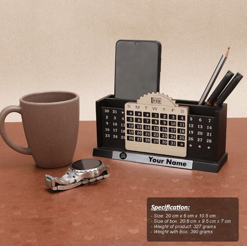 Personalized Wooden Calendar Table Pen Stand with name - Le Prestige Box