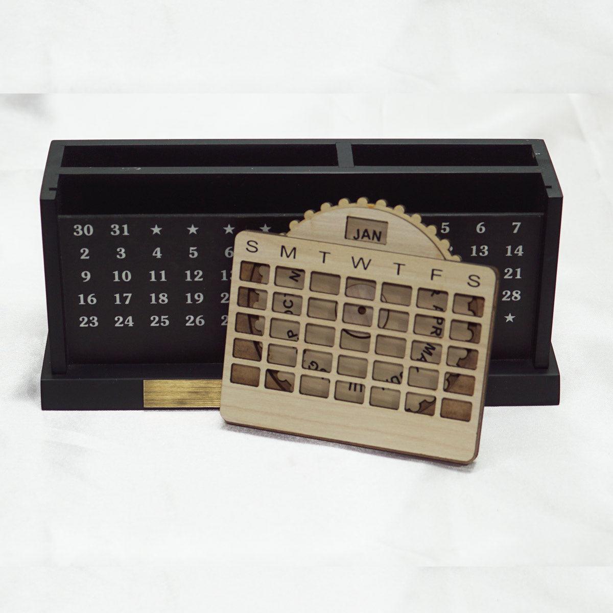 Personalized Wooden Calendar Table Pen Stand with name - Le Prestige Box