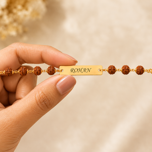 Premium personalized rudraksha rakhi with custom engraved gold name plate