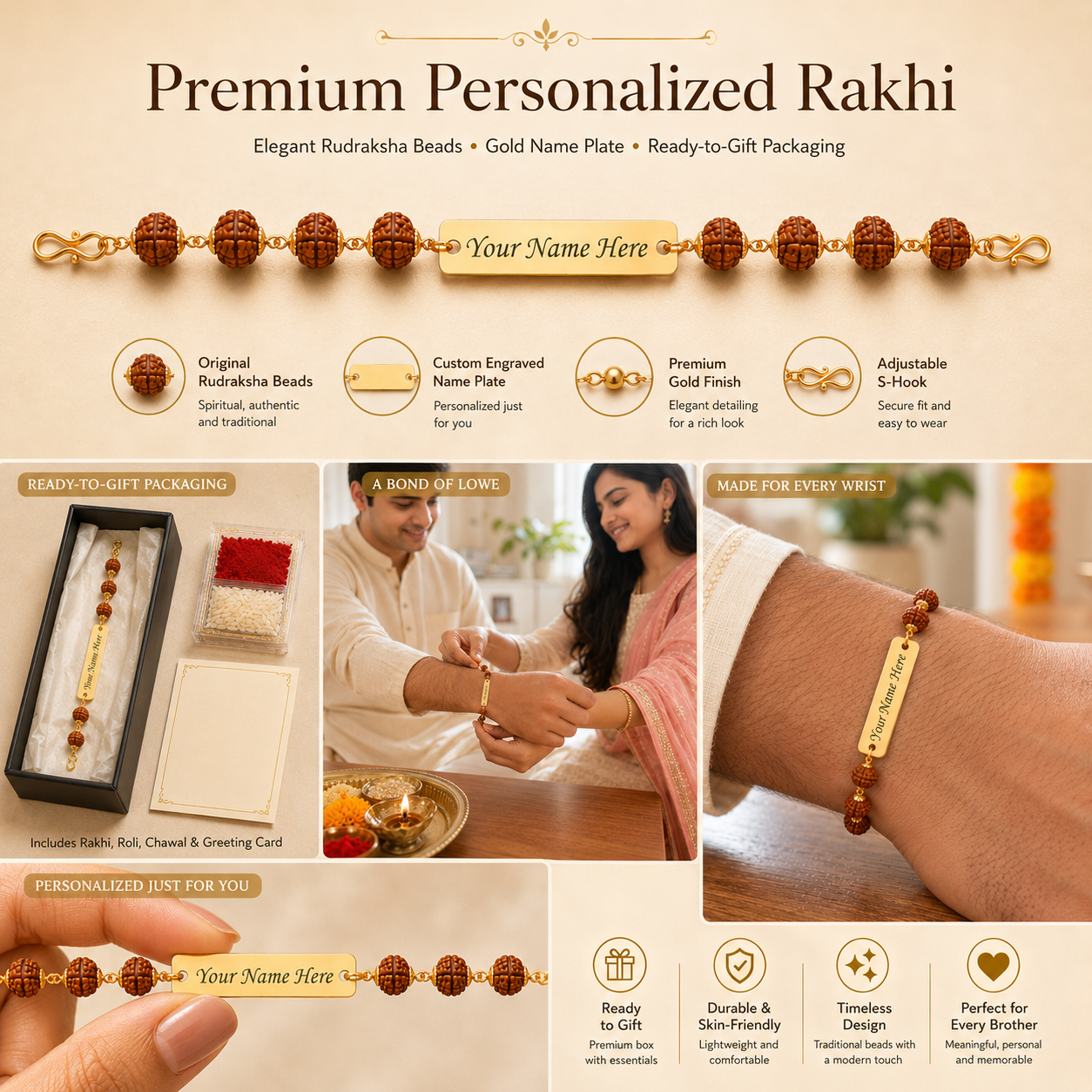 Premium personalized rudraksha rakhi features – original rudraksha beads, engraved gold name plate, adjustable S-hook, gift packaging