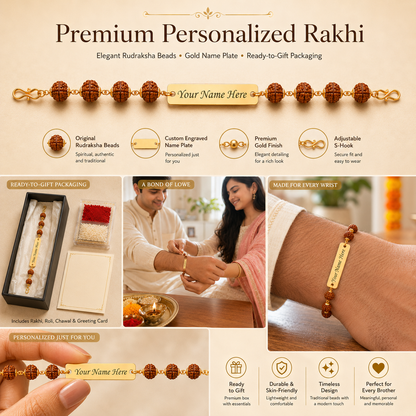 Premium personalized rudraksha rakhi features – original rudraksha beads, engraved gold name plate, adjustable S-hook, gift packaging
