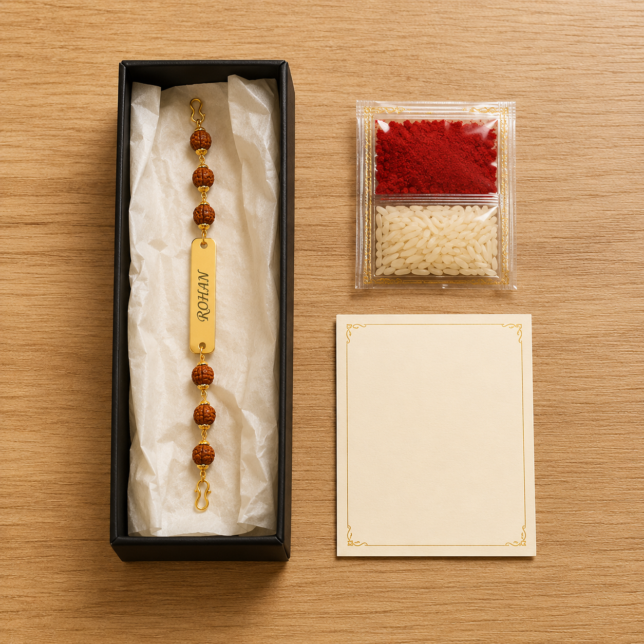 Personalized rudraksha rakhi gift box with roli chawal pack and greeting card