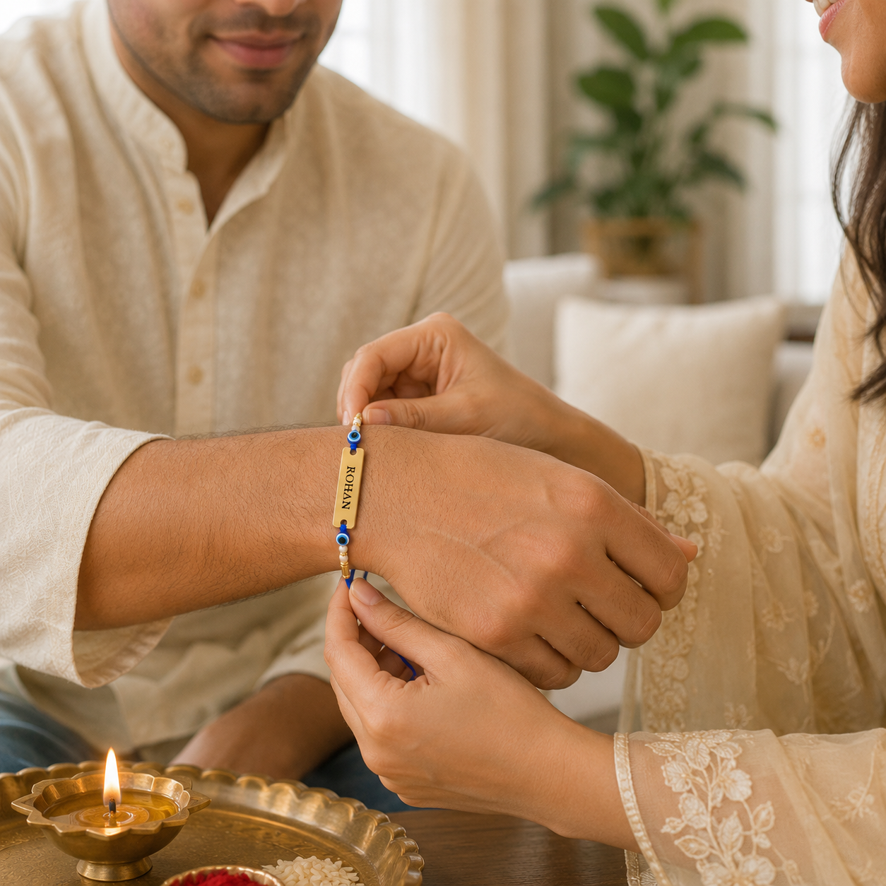 Sister tying personalized evil eye name rakhi on brother's wrist on Raksha Bandhan