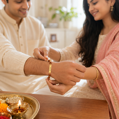 Sister tying personalized rudraksha name rakhi on brother's wrist on Raksha Bandhan